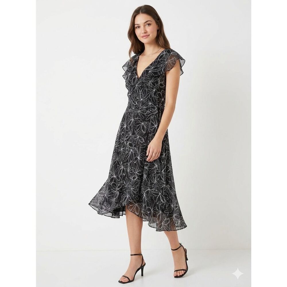 Vntg Karin Stevens Black White Floral Ruffle Wrap Style Midi Cocktail Dress Sz 8